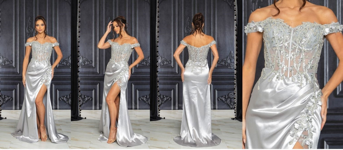 CD0186 Silver Floral Off The Shoulder Gown