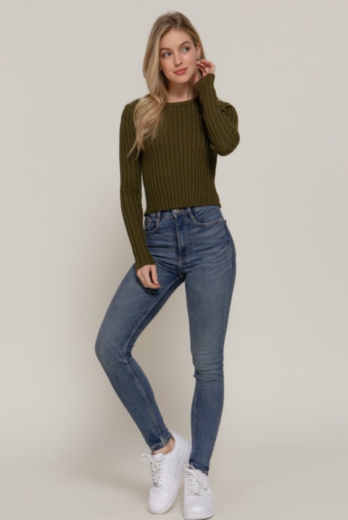 Olive Long Sleeve Crew Neck Rib Sweater