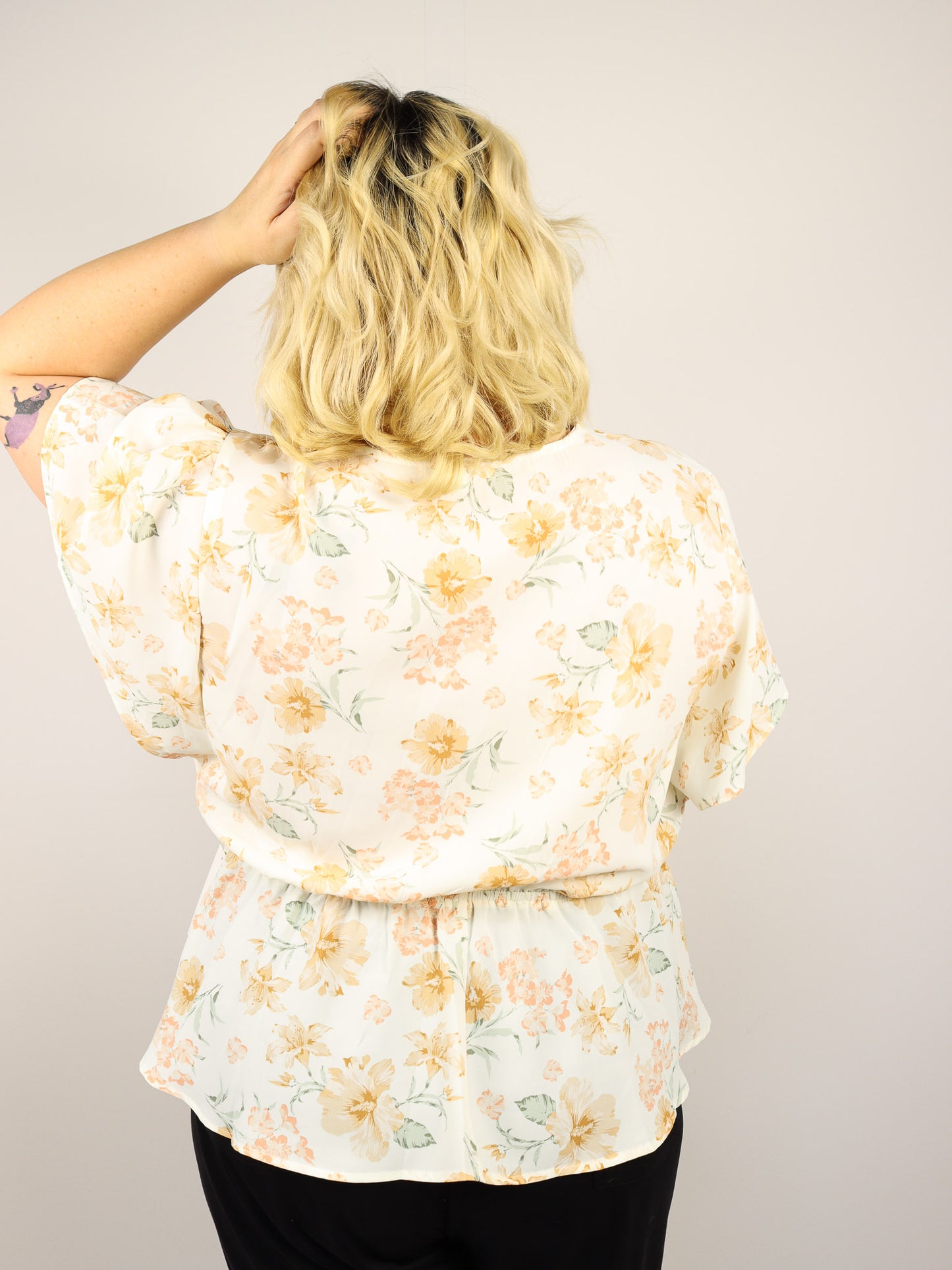 White & Tan Floral V-Neck Top