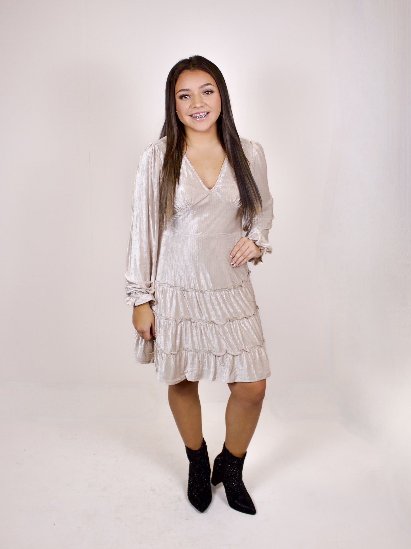 Long Sleeve Ribbed Velvet Dress