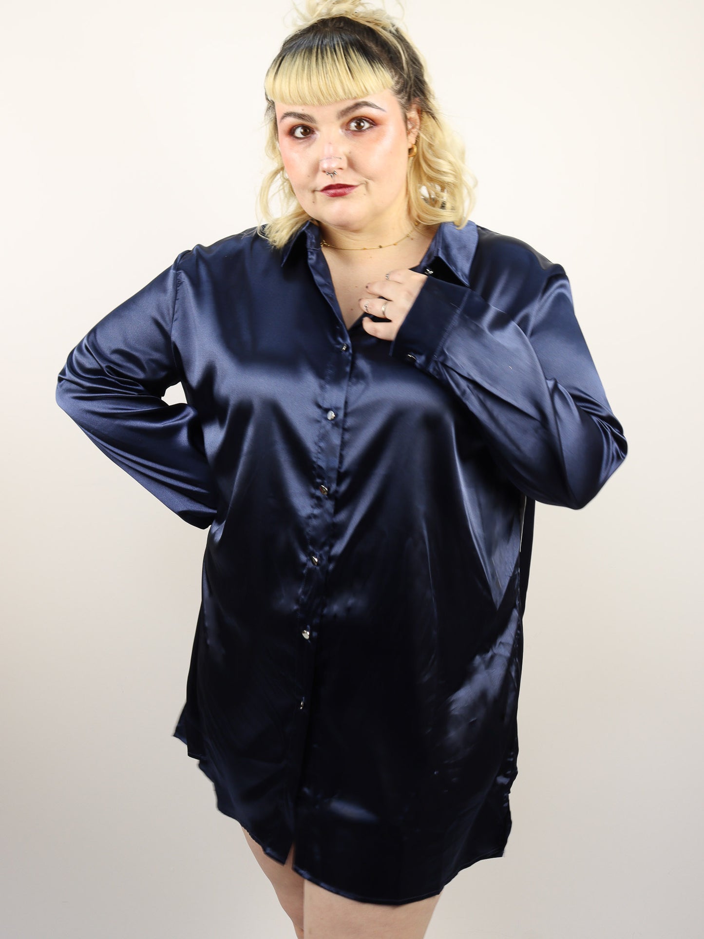 Plus Size Satin Button Up Top