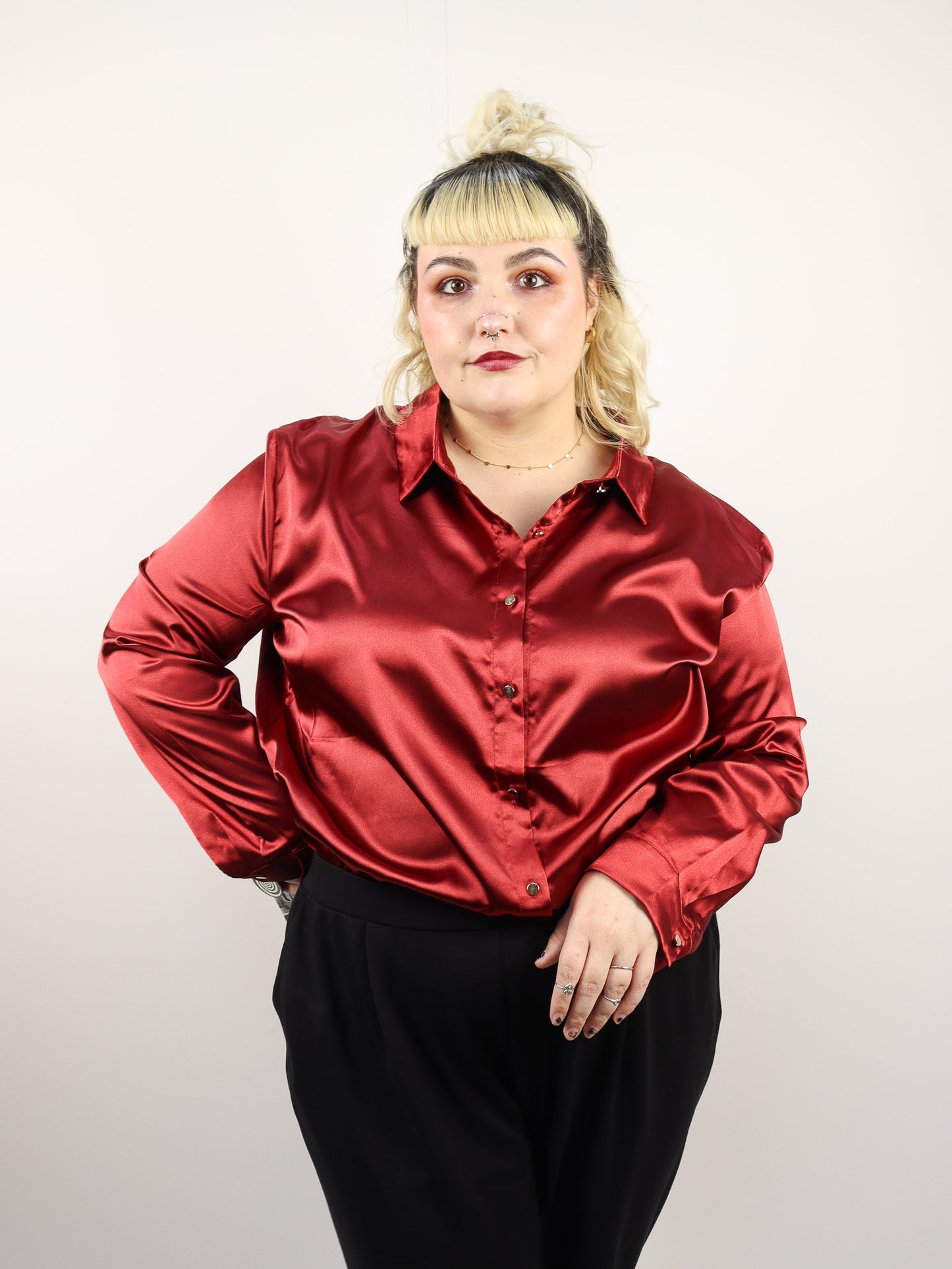 Plus Size Satin Button Up Top