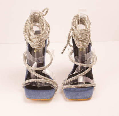 Hailey denim/silver wrap up heels