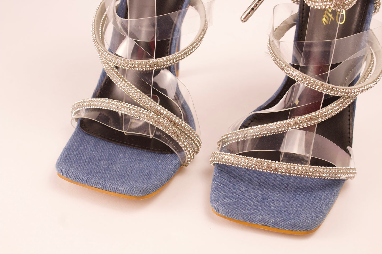 Hailey denim/silver wrap up heels