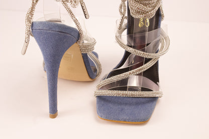 Hailey denim/silver wrap up heels