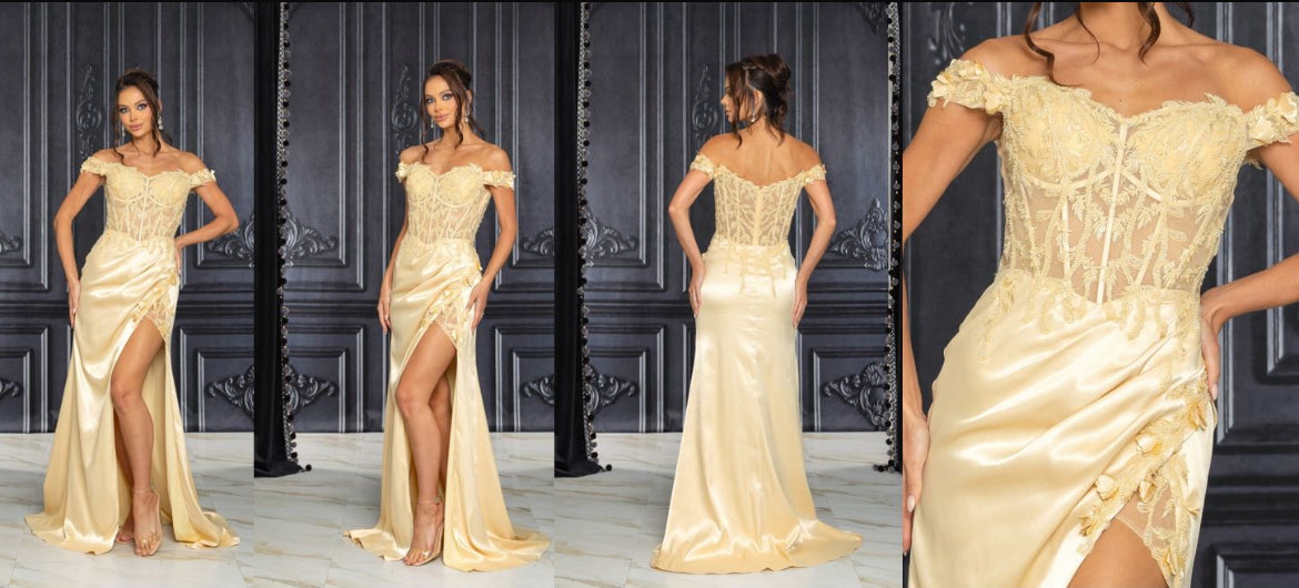 R7505 Gold Floral Off The Shoulder Gown