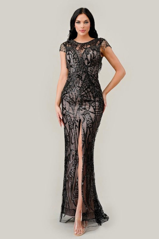 CC4007 Black Nude Sheath Sequin Gown