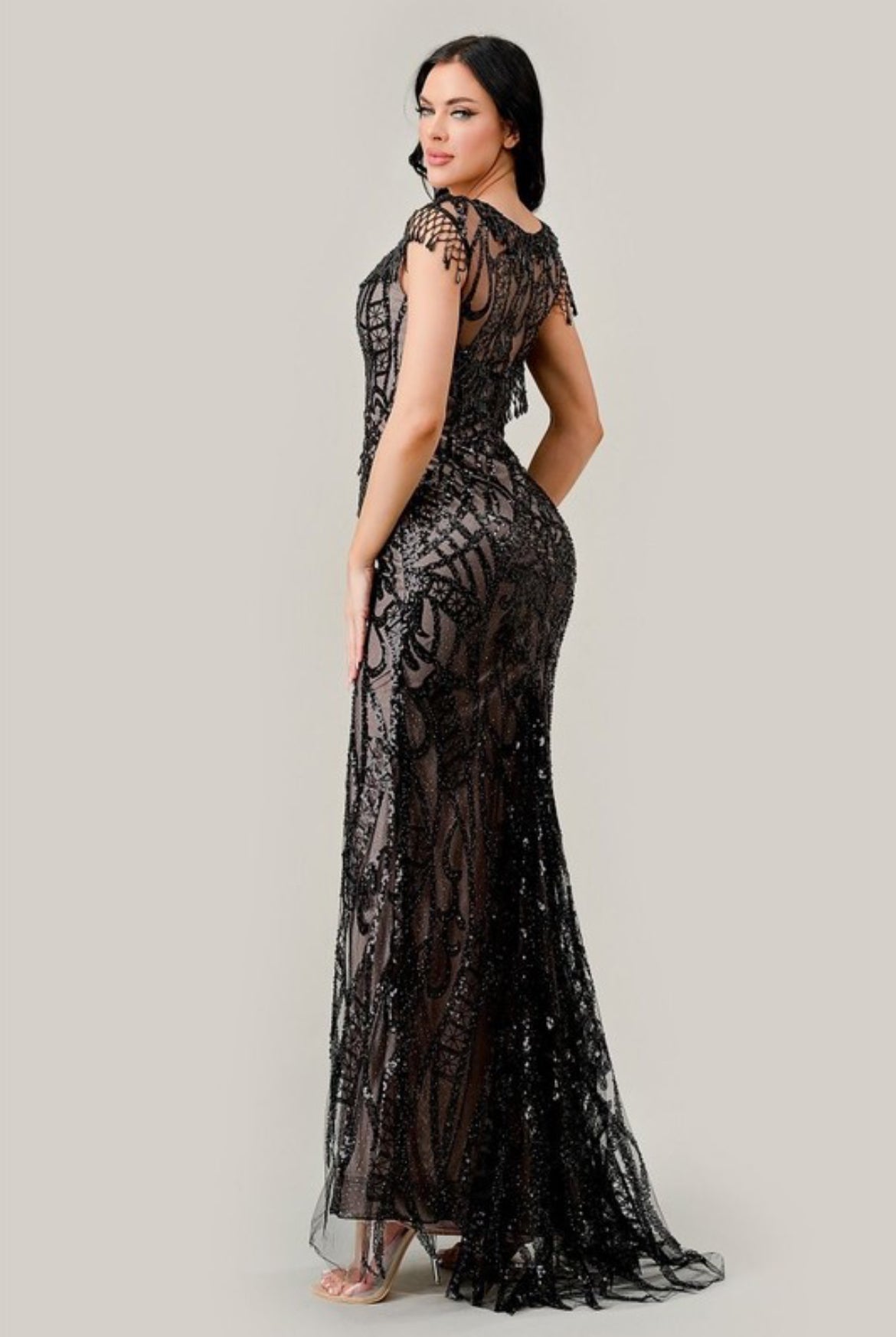 CC4007 Black Nude Sheath Sequin Gown