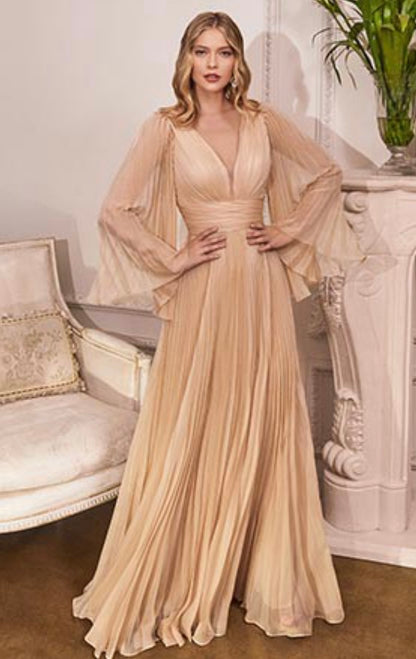 CD242 Champagne Pleated Chiffon Long Sleeve Gown
