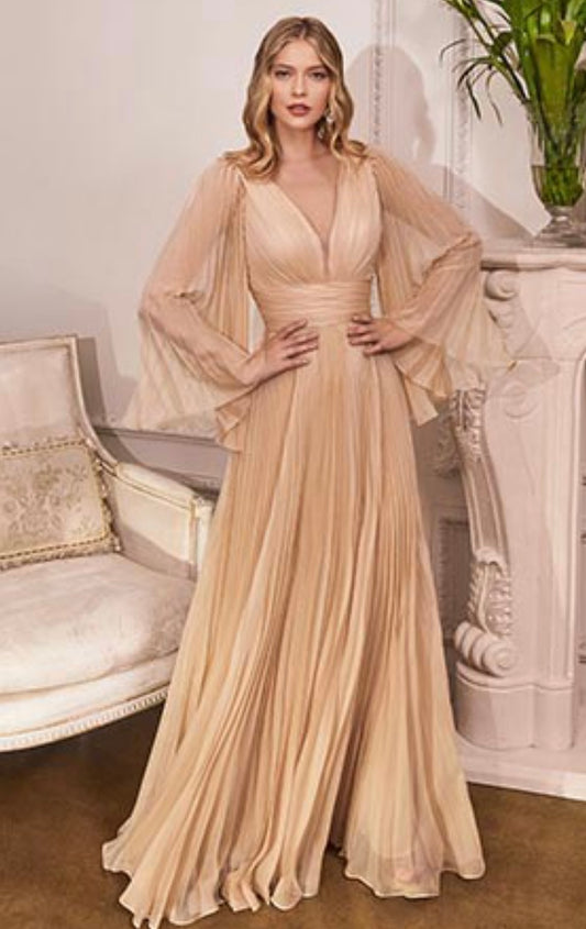 CD242 Champagne Pleated Chiffon Long Sleeve Gown