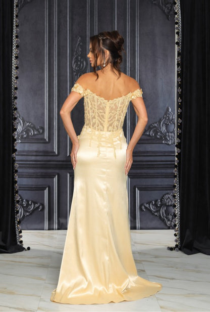 R7505 Gold Floral Off The Shoulder Gown