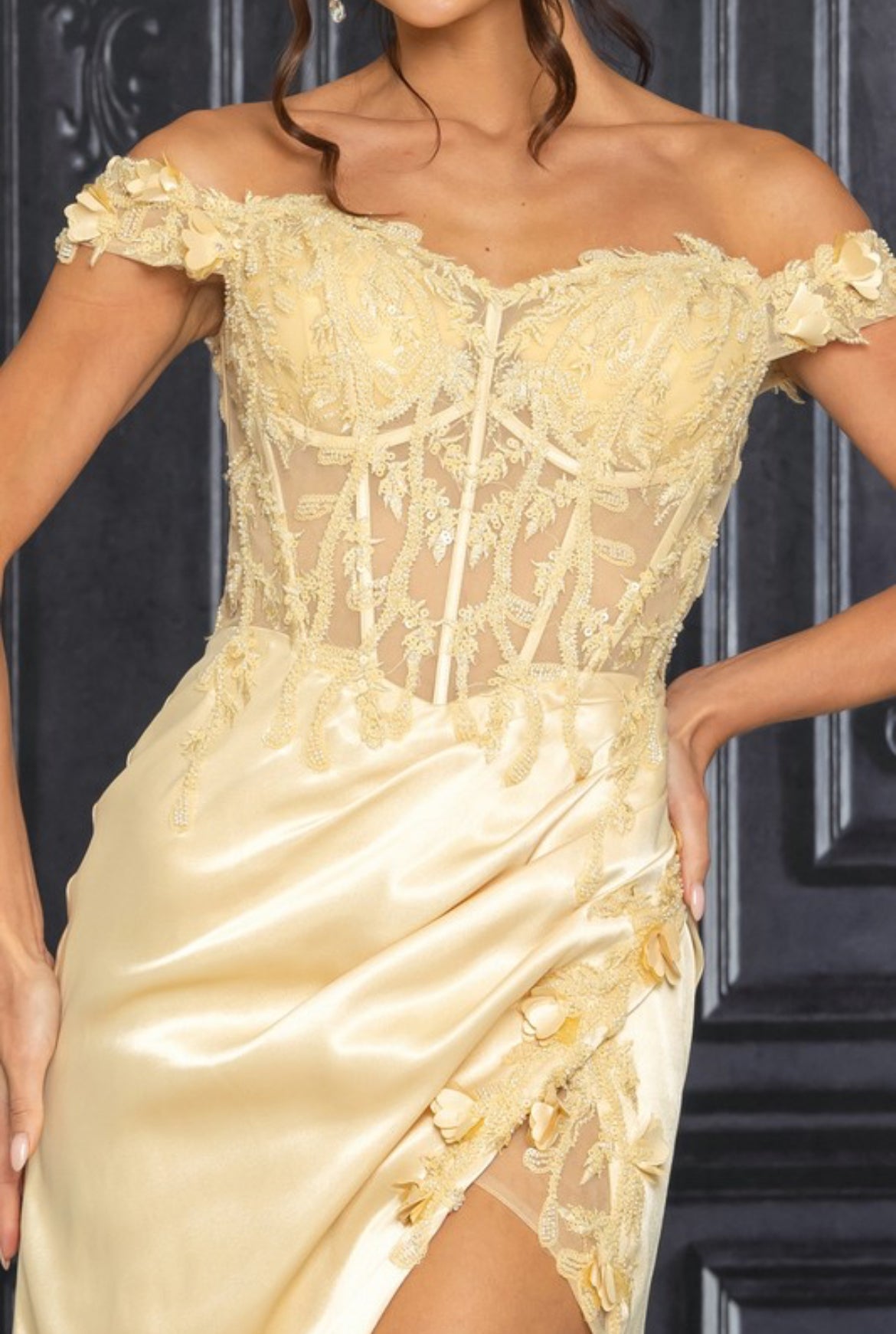 R7505 Gold Floral Off The Shoulder Gown