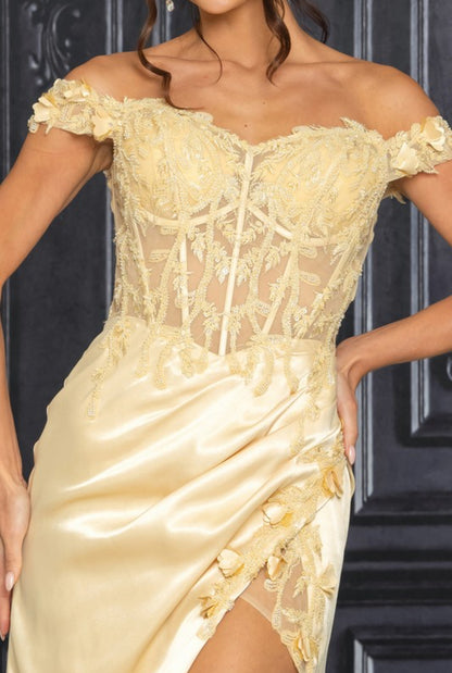 R7505 Gold Floral Off The Shoulder Gown