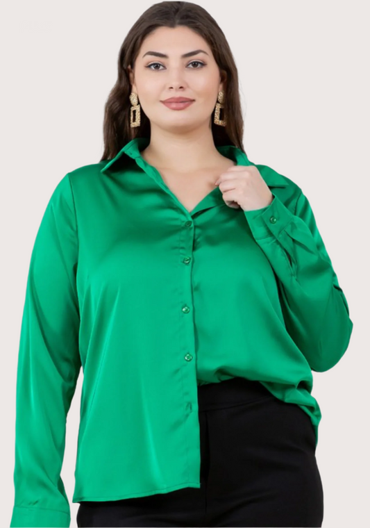 PLUS KELLY GREEN SATIN BUTTON UP TOP