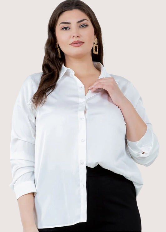 PLUS WHITE SATIN BUTTON UP TOP