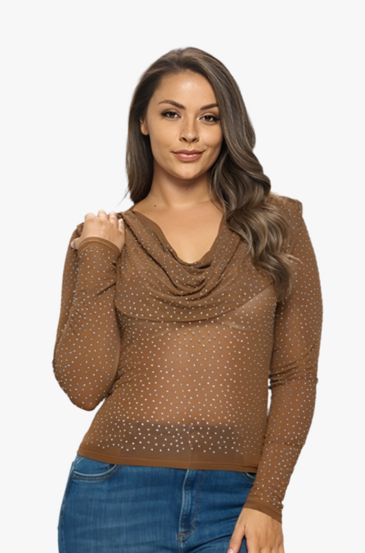 BROWN RHINESTONE COWL NECK SHEER MESH TOP