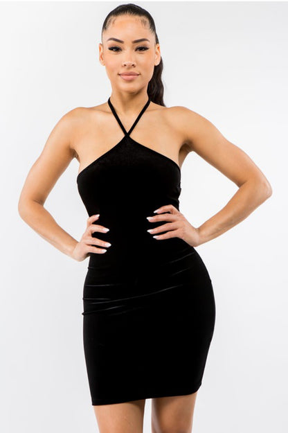 Black Halter Neck Velvet Mini Dress