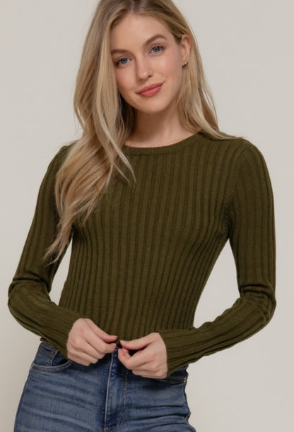 Olive Long Sleeve Crew Neck Rib Sweater