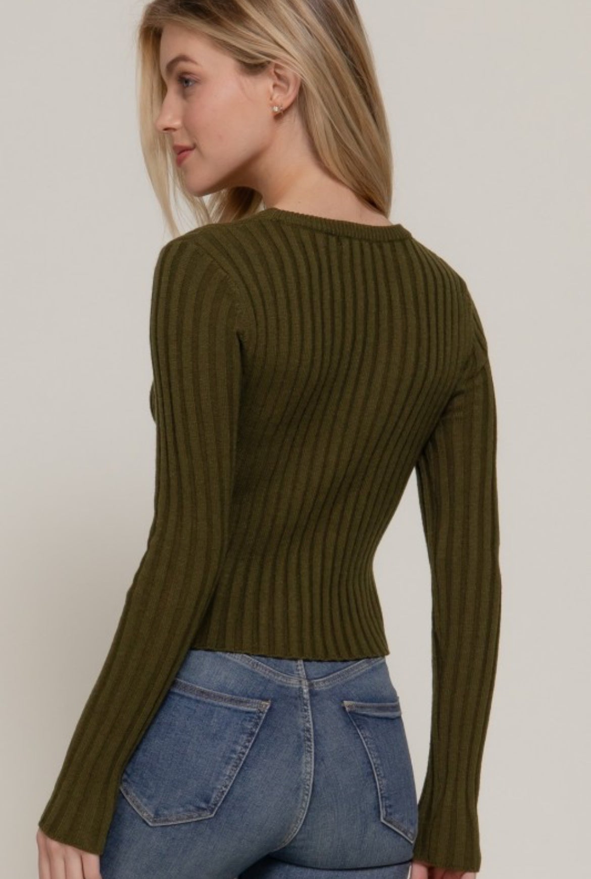 Olive Long Sleeve Crew Neck Rib Sweater