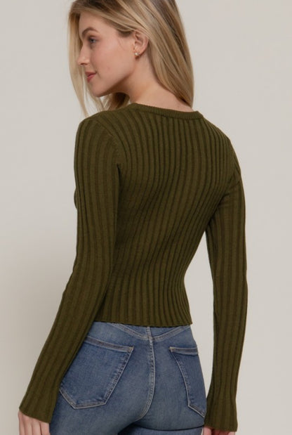 Olive Long Sleeve Crew Neck Rib Sweater