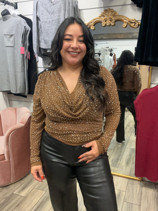 SHINE BRIGHT BROWN COWL NECK SHEER MESH TOP