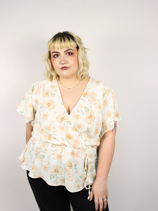 White & Tan Floral V-Neck Top