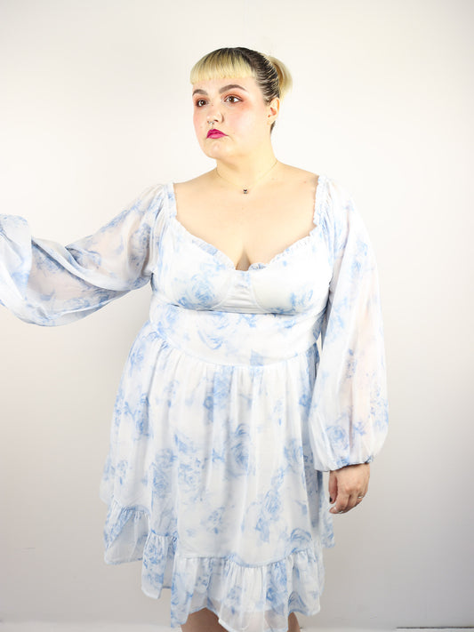 White and Blue Floral Babydoll Dress