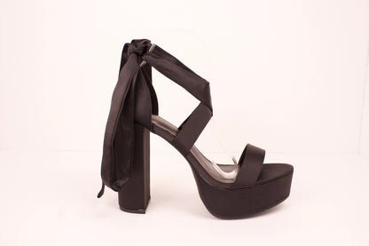 BLACK SATIN MIA-32 WRAP UP HIGH HEELS