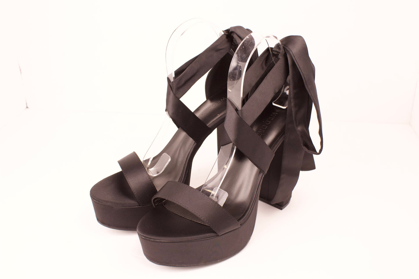 BLACK SATIN MIA-32 WRAP UP HIGH HEELS