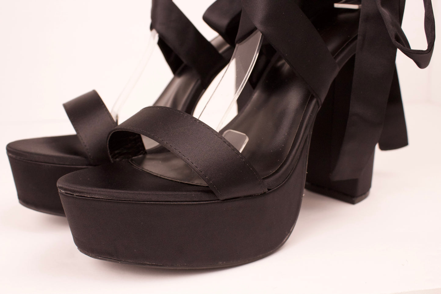 BLACK SATIN MIA-32 WRAP UP HIGH HEELS