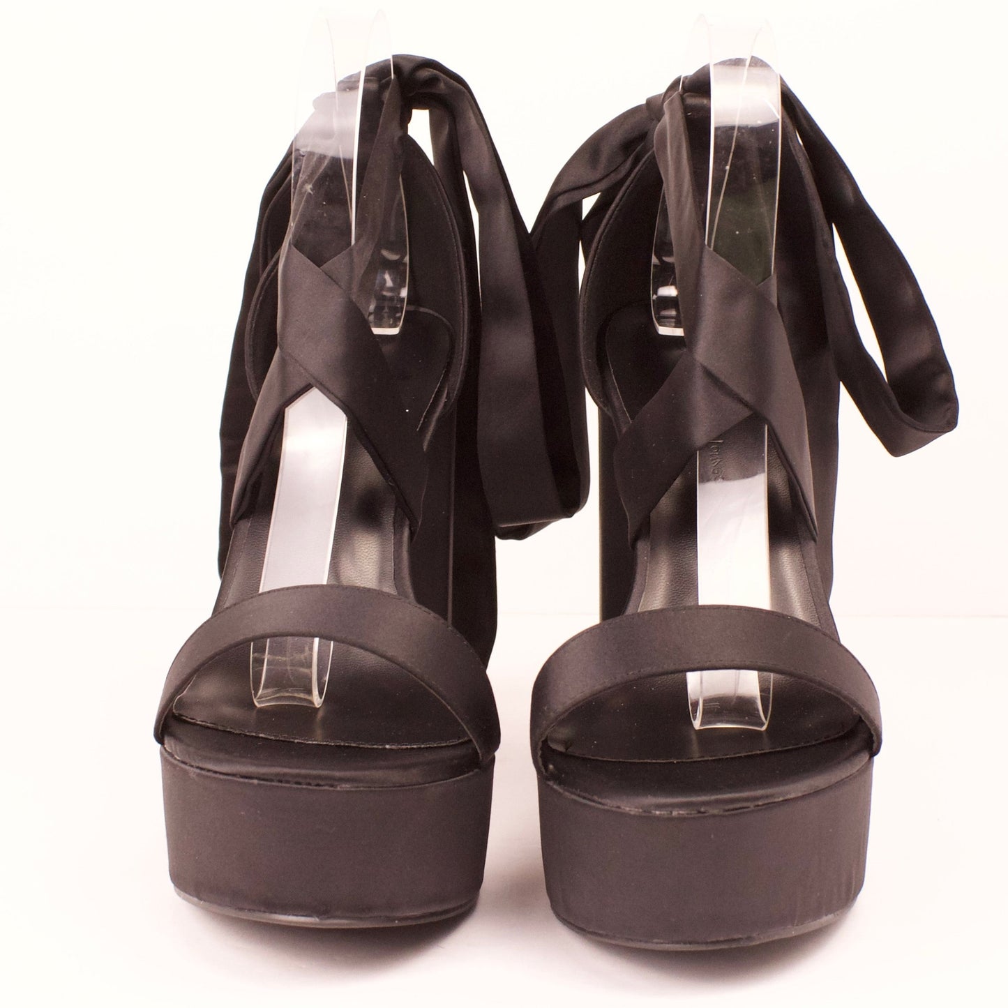 BLACK SATIN MIA-32 WRAP UP HIGH HEELS