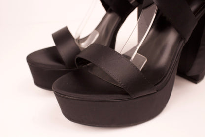 BLACK SATIN MIA-32 WRAP UP HIGH HEELS