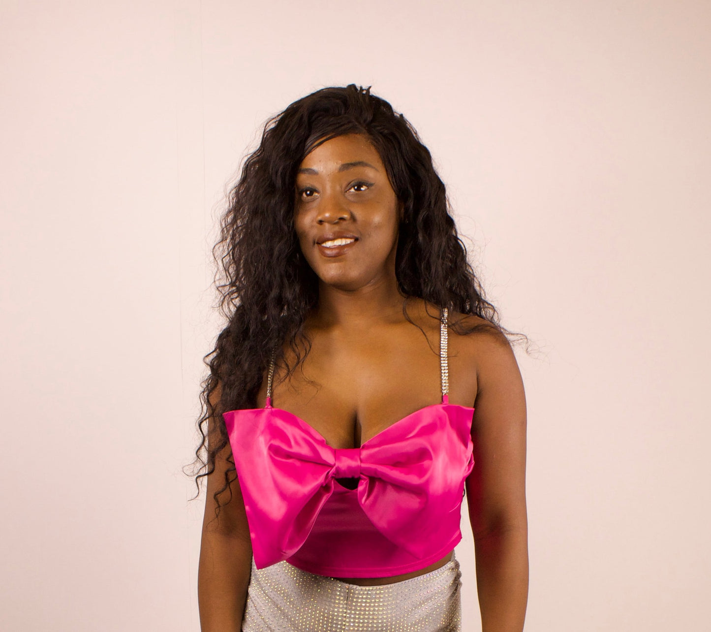 FUCHSIA SATIN BOW CROP TOP