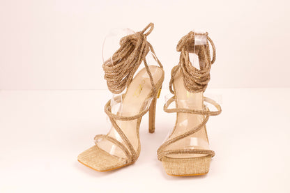 Hailey Bera square wrap up heels